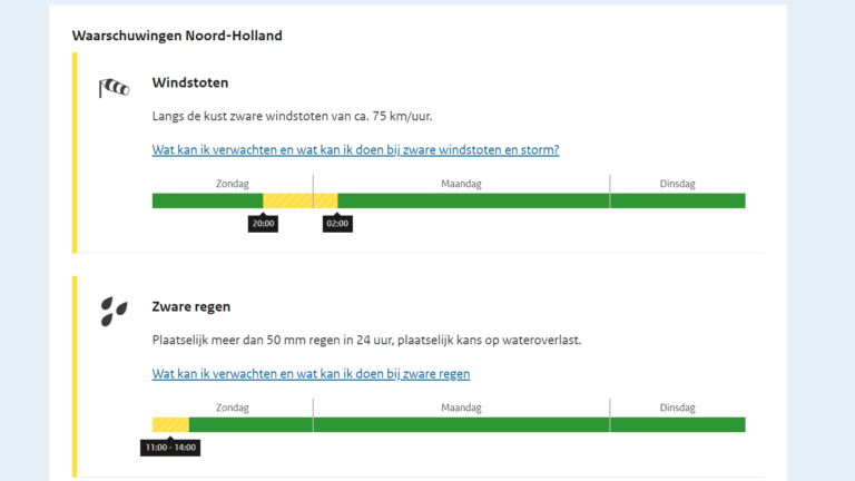 Zondag tweemaal code geel vanwege verwachte wind en regen
