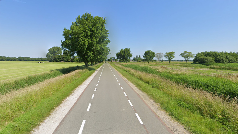 Lange rechte landelijke weg met bomen aan beide zijden en groene velden onder een heldere blauwe lucht.