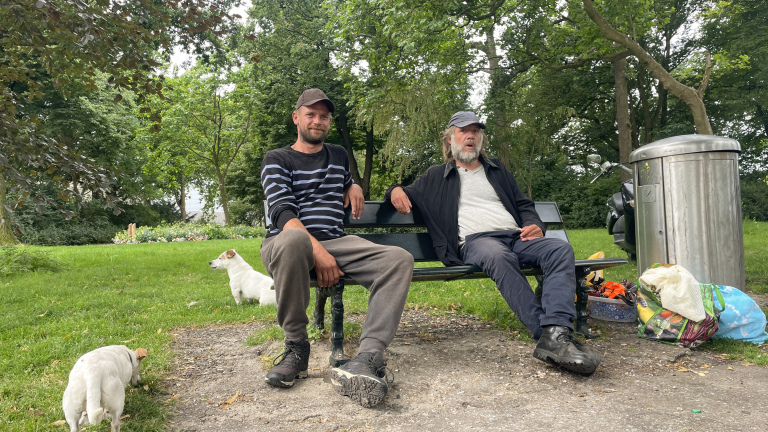 Twee mannen zitten op een bankje in een park met groene bomen en gras, omringd door twee honden en een vuilnisbak met tassen ernaast.