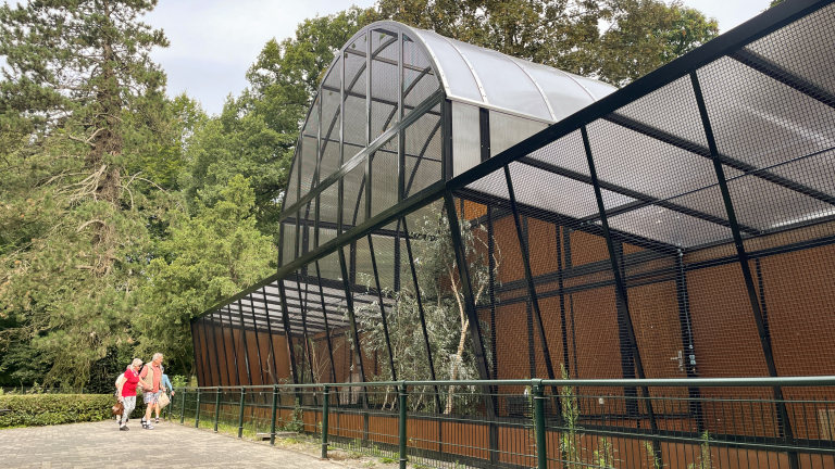 Grote metalen kooi met bomen erin, naast een pad waar mensen lopen in een park.