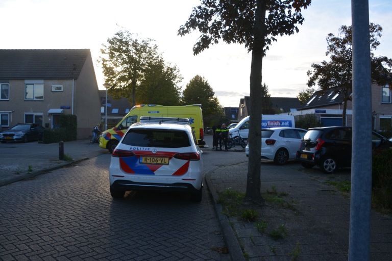 Politie- en ambulancevoertuigen in een woonwijk bij zonsondergang, met enkele agenten en geparkeerde auto's op de achtergrond.