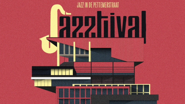 Affiche voor Jazzfestival met abstracte architectuur en tekstdetails, geplande datum 13 oktober 2024.