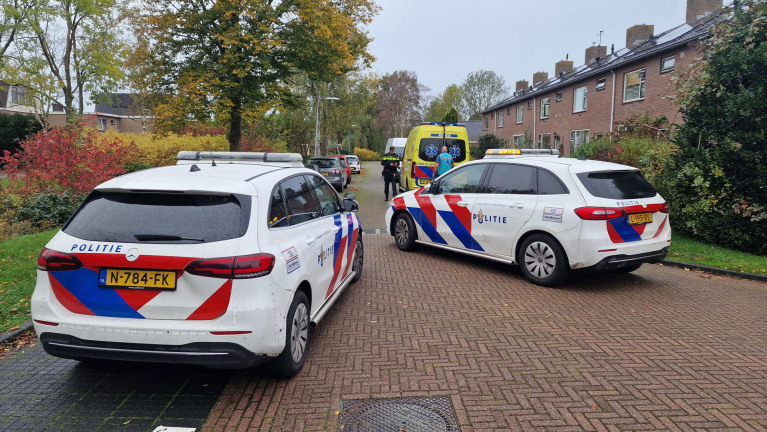 Twee Nederlandse politieauto's en een ambulance in een woonwijk met herfstbomen op de achtergrond.