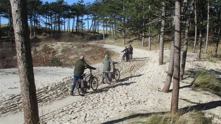 Vier mensen met fietsen lopen door een bosrijk duingebied over een zandpad.