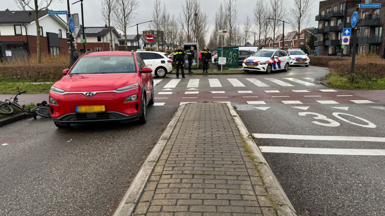 Een rode auto bij een kruispunt met fietspad en verkeersdrempel, omringd door politieauto's en agenten; een fiets ligt op de grond.