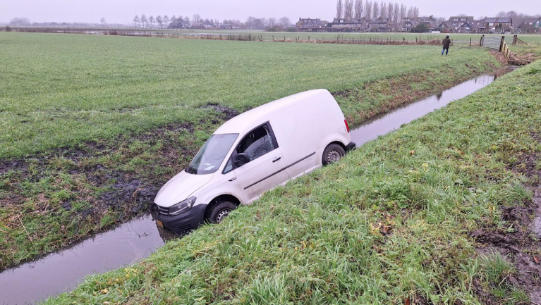 Witte bestelwagen in een sloot naast een grasveld.