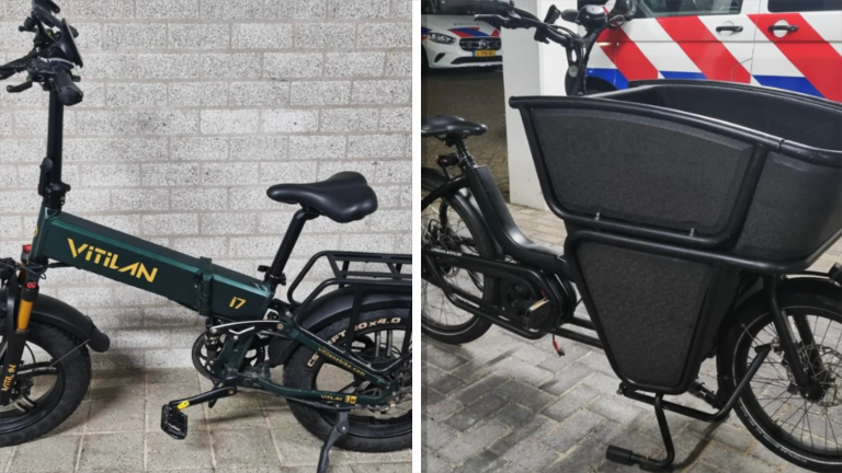 Twee elektrische fietsen naast elkaar; links een opvouwbare fiets met "VITILAN" op het frame, rechts een bakfiets met een grote bak voorop.