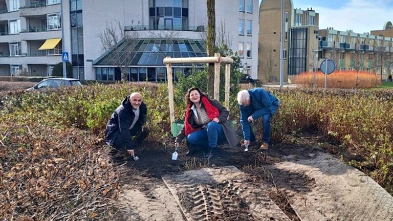 Drie mensen planten bloemen in een tuin voor een gebouw.