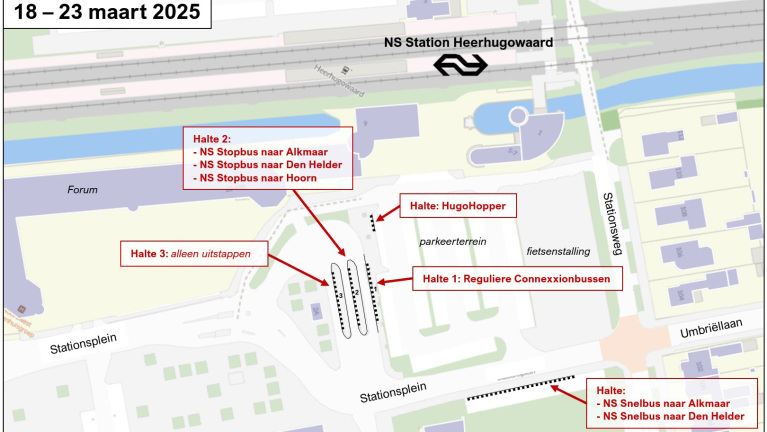 Een plattegrond van het NS Station Heerhugowaard voor de periode van 18 tot 23 maart 2025, met verschillende bushaltes aangegeven. Halte 1 is voor reguliere Connexxionbussen, halte 2 voor NS stopbussen naar Alkmaar, Den Helder en Hoorn, en halte 3 is alleen voor uitstappen. Ook is er een halte voor HugoHopper en een halte voor NS snelbussen naar Alkmaar en Den Helder. Het kaart toont wegen, parkeerterreinen, en fietsstallingen in de omgeving van het stationsplein.