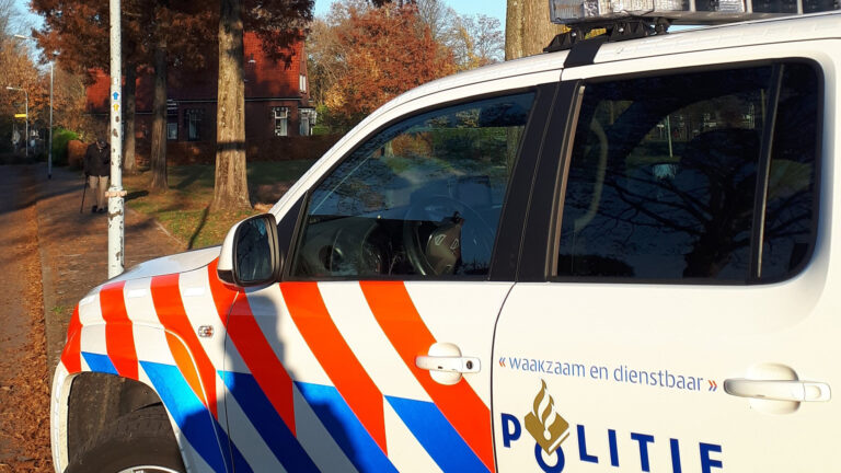 Politieauto geparkeerd naast een trottoir op een zonnige dag, met een gebouw en bomen op de achtergrond.