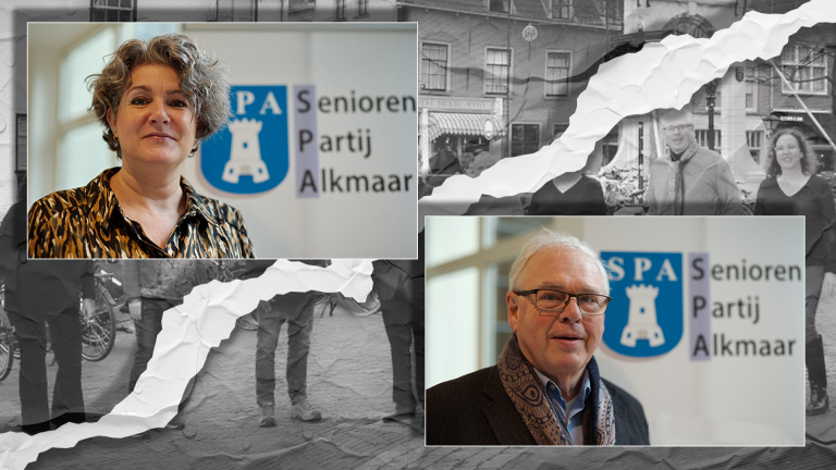 Twee portretten van personen voor een achtergrond met het logo van Senioren Partij Alkmaar, naast een oudere zwart-wit foto van een stadsstraat.