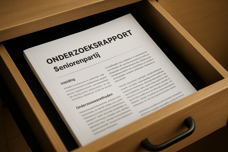 Een lade met een onderzoeksrapport op papier met de titel 'ONDERZOEKSRAPPORT Seniorenpartij', duidelijke en vetgedrukte koppen zijn zichtbaar als 'Inleiding' en 'Onderzoeksmethoden'.