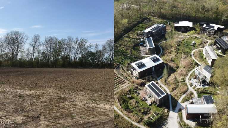 Twee beelden naast elkaar: links een kaal, beplant veld met bomen op de achtergrond; rechts een vogelperspectief van een eco-dorp met moderne huizen omringd door groen en kronkelende paden.