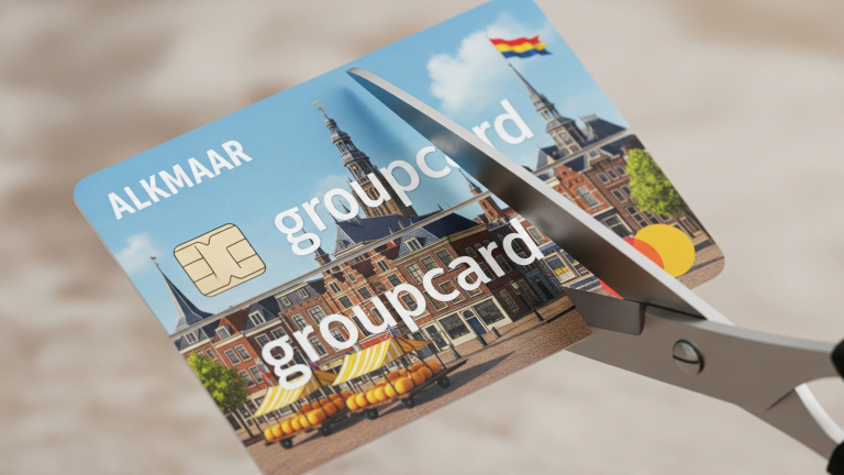 Een schaar knipt een creditcard met de tekst 'ALKMAAR groupcard' en een afbeelding van een historisch gebouw op de achtergrond.