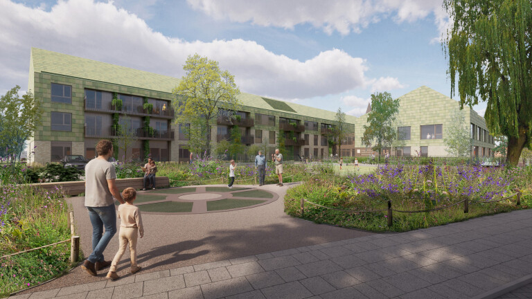 Moderne appartementencomplex met groene gevel in een parkachtige omgeving, waar verschillende mensen ontspannen wandelen en kinderen spelen, omringd door bloeiende planten en bomen.