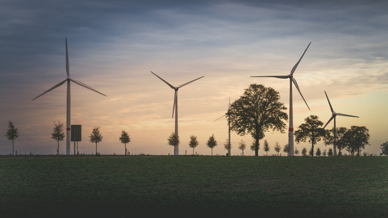 Landschap bij zonsondergang met meerdere windturbines en bomen, tegen een heldere hemel.