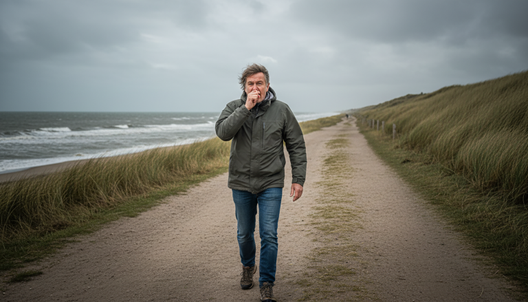 Man in een groene jas en blauwe spijkerbroek wandelt op een kustpad naast de zee, met grasduinen aan weerszijden en bewolkte lucht.