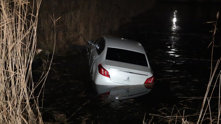 Auto gedeeltelijk ondergedompeld in een donker wateroppervlak, omringd door riet.