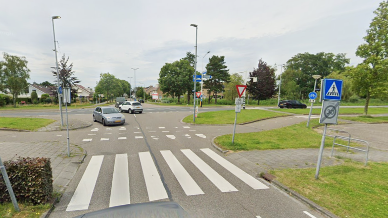 Een rotonde met auto's en verkeersborden, waaronder een zebrapad en een snelheidsbeperkingsbord in een groene buurt.