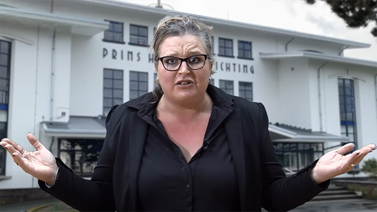 Een vrouw met een bril en opgestoken haar staat voor een gebouw met de tekst "PRINS H..." op de gevel.