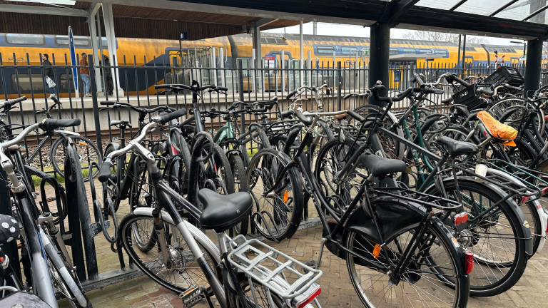 Fietsenstalling bij een treinstation, met veel fietsen geparkeerd en een voorbijrijdende gele trein op de achtergrond.
