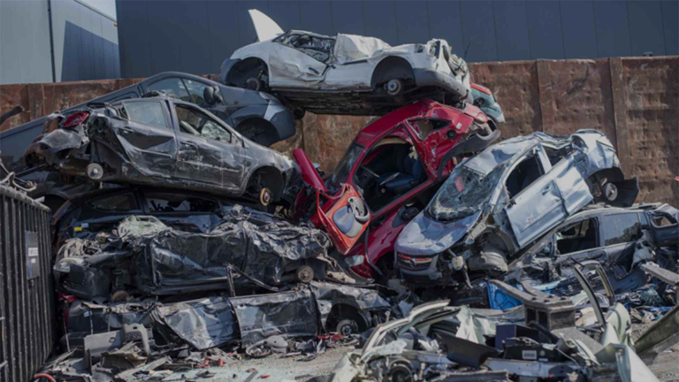 Stapel zwaar beschadigde auto’s op een autokerkhof, met wrakken op elkaar en losse onderdelen op de grond