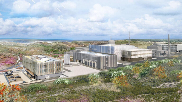 Artist impression van modern gebouwencomplex met het woord HEALTH, in duinlandschap met parkeerplaats en zee op de achtergrond