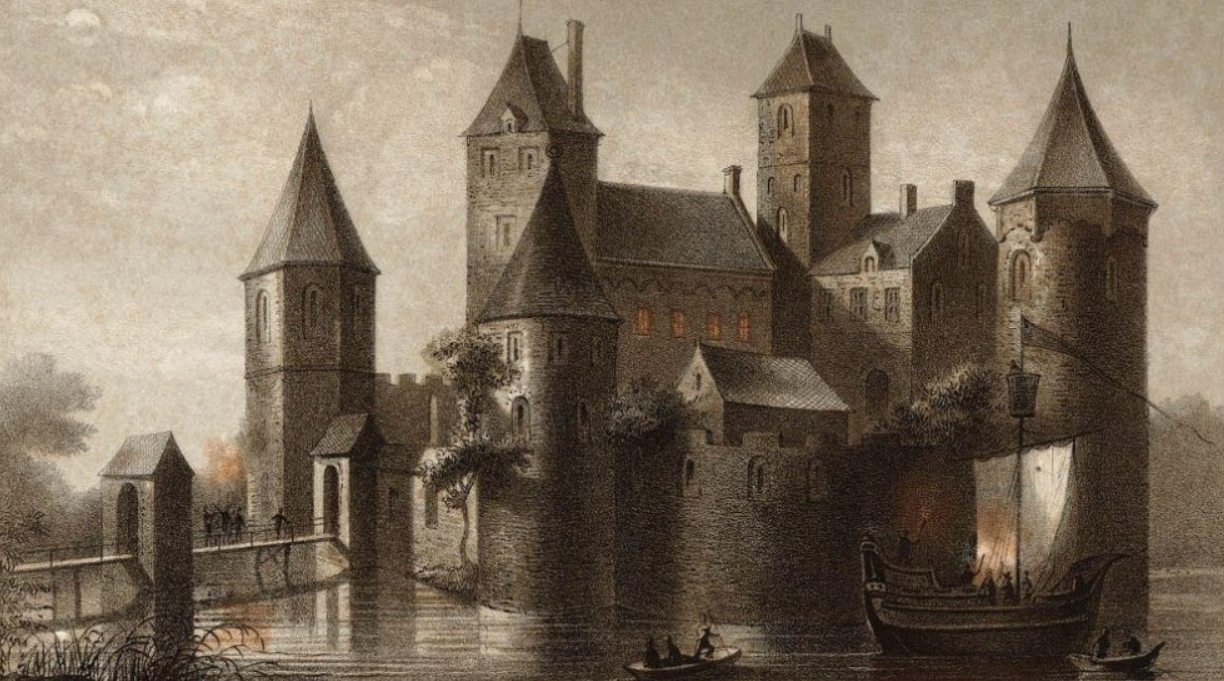 Oude gravure van een middeleeuws kasteel met meerdere torens en een ophaalbrug, gelegen aan het water, met een boot en mensen in een roeiboot op de voorgrond.