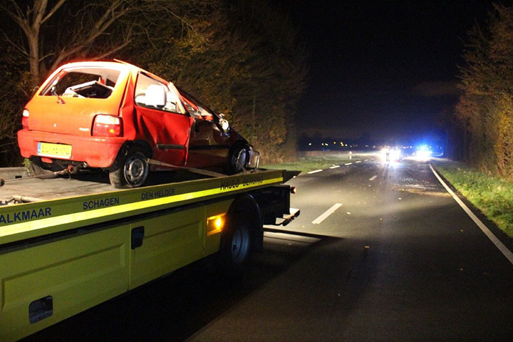 Auto over kop op N245 vanwege dier op de weg (FOTO)