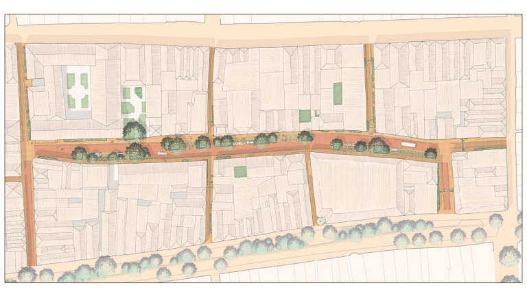 Stedenbouwkundige plattegrond met straten, bomen en gebouwenblokken.