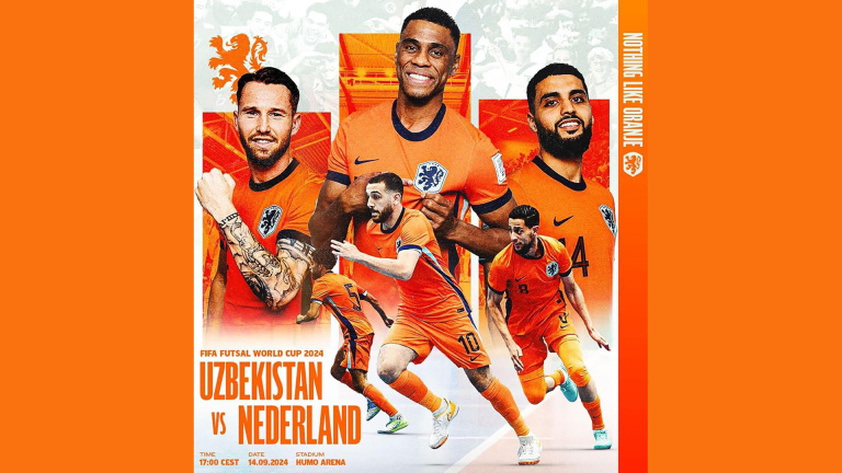 Poster met aankondiging van FIFA Futsal World Cup 2024 wedstrijd tussen Uzbekistan en Nederland, met Nederlandse spelers in oranje tenues op een oranje achtergrond. Datum: 14 september 2024, Tijd: 17:00 CEST, Stadion: Humo Arena.