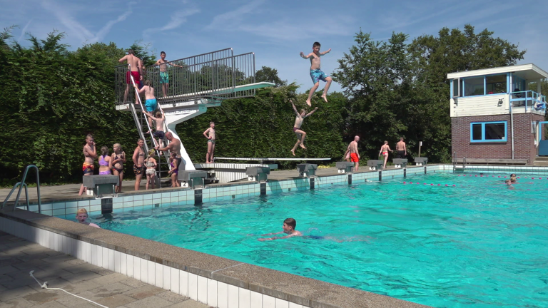 Kinderen en volwassenen spelen in en rond een zwembad met een hoge duikplank, omringd door groene heggen en bomen.