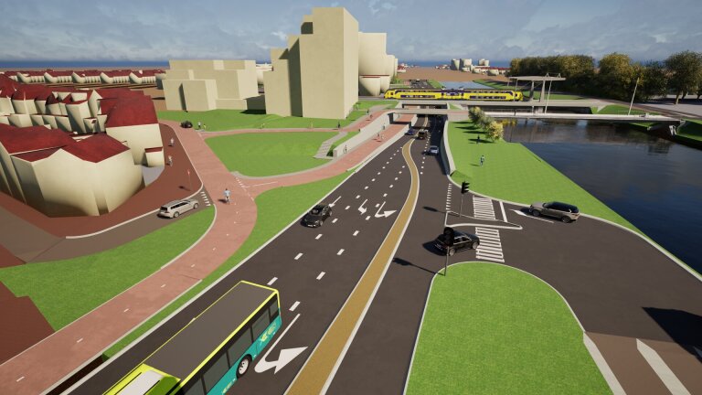 An artist's impression of a modern urban road with separated bike paths, green spaces, and a bridge with a train passing by.