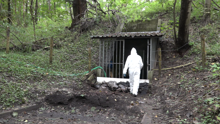 Persoon in witte hazmat-suit loopt naar een gebouw in een bosrijke omgeving.