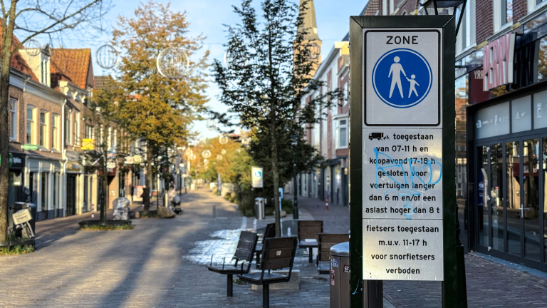 Verkeersbord met voetgangerszone en beperkingen, zicht op een rustige winkelstraat met herfstbomen en winkels.