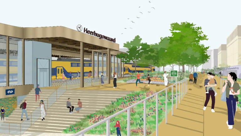 Illustratie van het stationsgebied Heerhugowaard met mensen, groen en een trein.