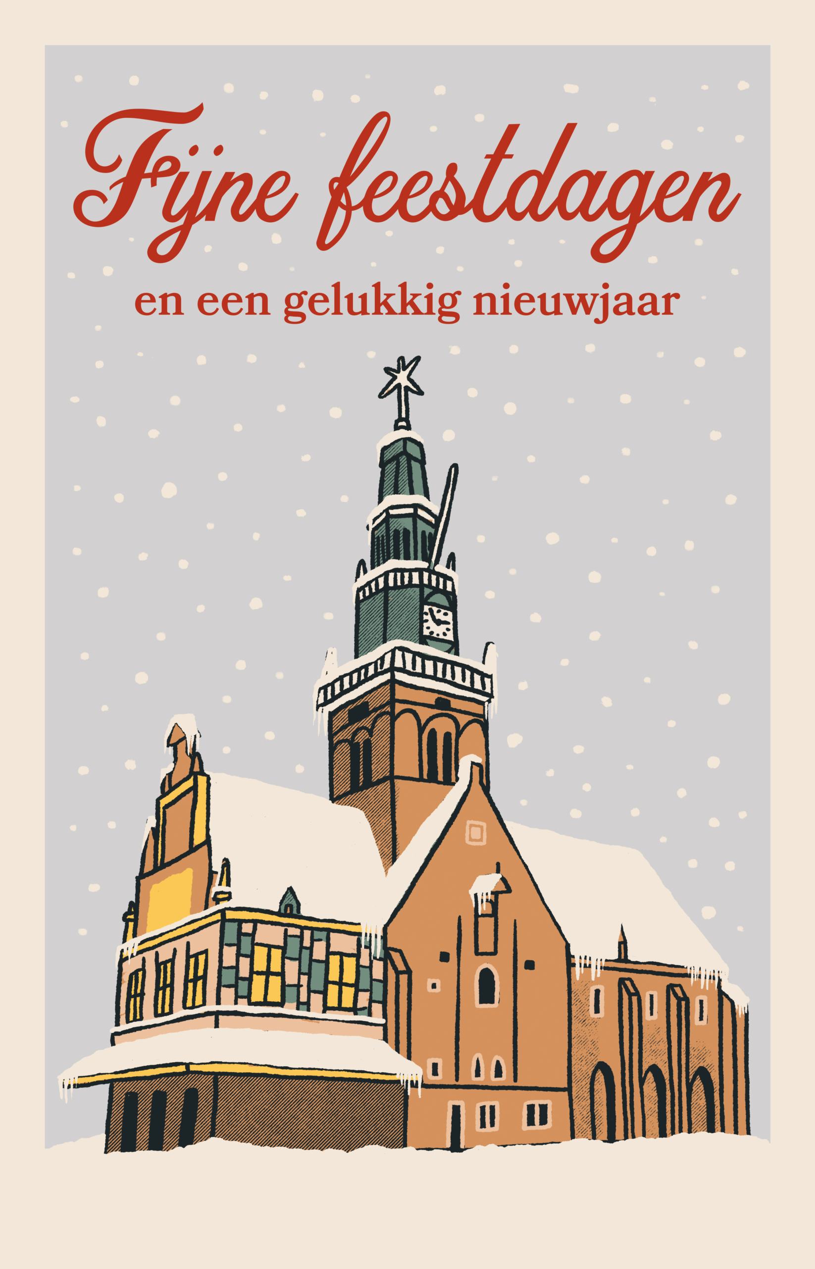 Ansichtkaart met een getekende kerk in de sneeuw en de tekst "Fijne feestdagen en een gelukkig nieuwjaar" erboven.