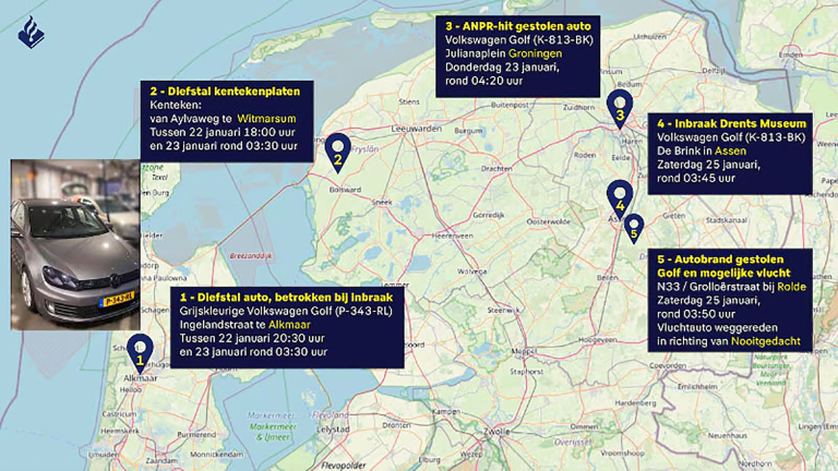 Kaart met vijf locaties in Nederland, voorzien van informatie over autodiefstal, kentekenplaten, en een ANPR-hit gerelateerd aan een grijze Volkswagen Golf, met tijden en plaatsen zoals Alkmaar, Wierum, en Assen.