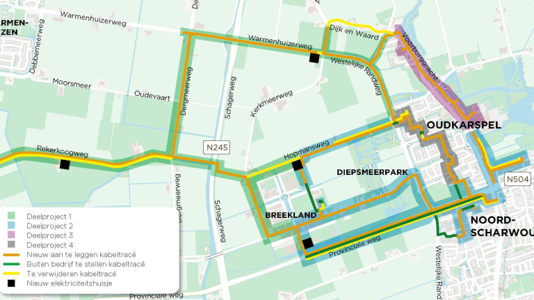 Kaart met energienetwerkprojecten en kabeltracés rond Oudkarspel, Breekland, en Noord-Scharwoude, met gekleurde lijnen voor verschillende fasen en nieuwe tracés.