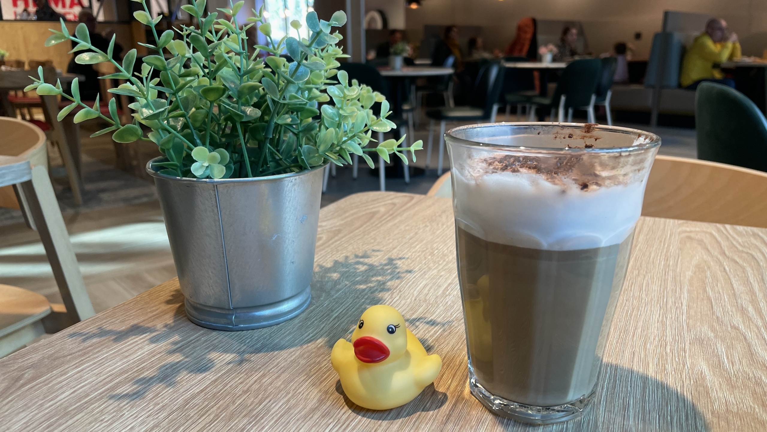 Een glas koffie met melkschuim en cacao, een speelgoed eendje en een groene plant in een metalen pot op een houten tafel in een café.