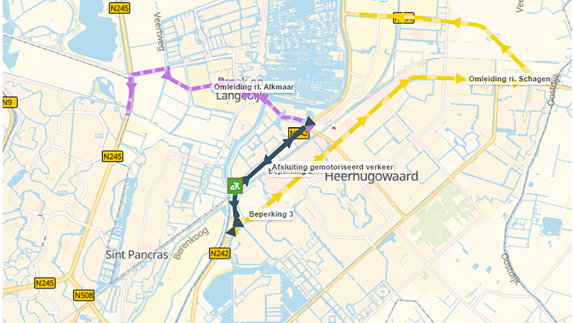 Kaart met wegomleidingen rond Heerhugowaard; afsluiting aangegeven op N242 met omleidingsroutes richting Alkmaar en Schagen.