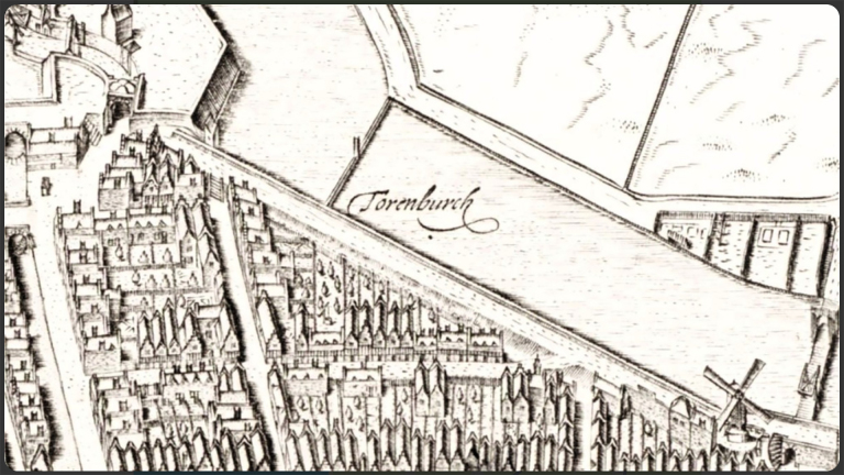 Historische plattegrond met gedetailleerde gebouwen en straten, waarop het woord 'Torenburch' te zien is in het midden en een molen rechtsonder.