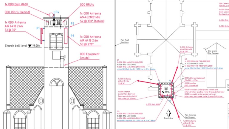 Technische tekeningen van een kerkgebouw met aanwijzingen voor plaatsing van antennes en apparatuur, inclusief details over positie, hoogte en kabelroutes.