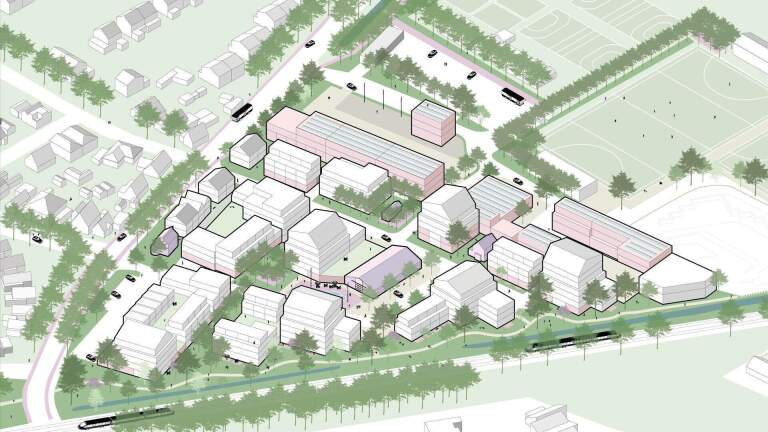 Isometrische masterplanillustratie van campus met meerdere gebouwen, wegen, bomen, sportvelden en water langs de rand