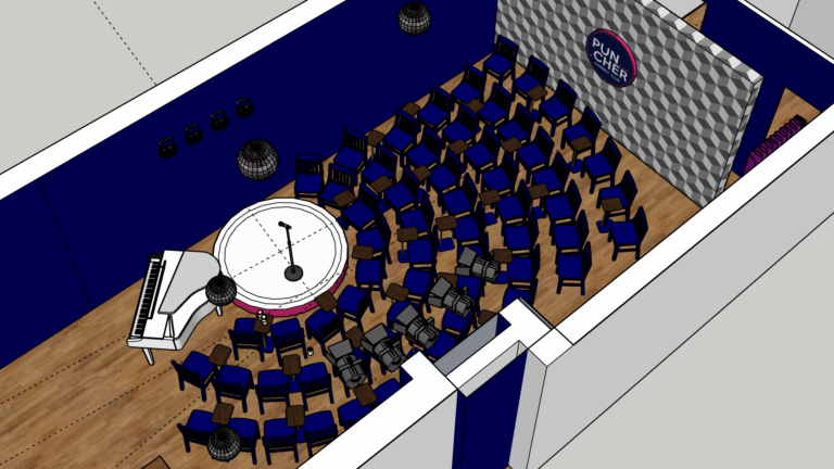 Een artistieke 3D-weergave van een concertzaal met een podium en microfoon in het midden, een witte vleugelpiano links, en rijen blauwe stoelen met schrijfplankjes in een halve cirkel eromheen. De muren zijn blauw en er hangt een decoratief patroon op de achterwand.