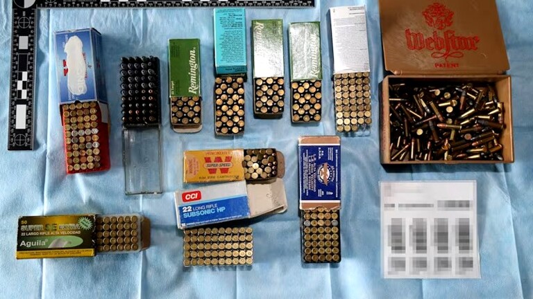 Een verzameling munitiedozen met verschillende merken en kalibers op een blauwe achtergrond, met een doos vol losse patronen rechtsboven en een meetlat aan de zijkanten.