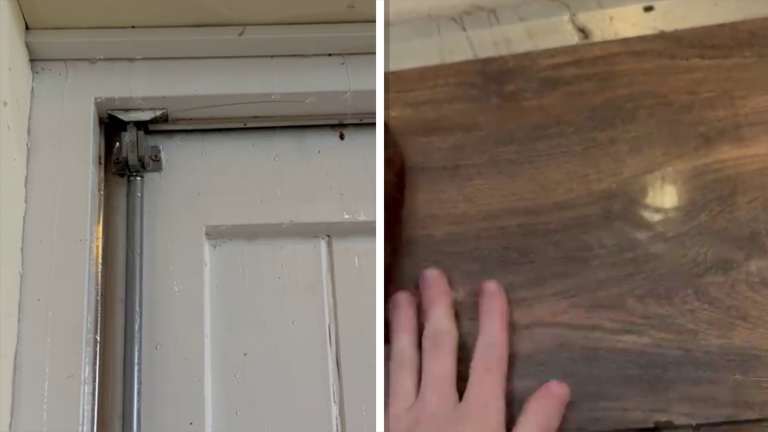 Twee afbeeldingen naast elkaar: links een metalen slotmechanisme bevestigd aan een witte houten deur, rechts een hand die over een houten oppervlak met een donkere nerf veegt.
