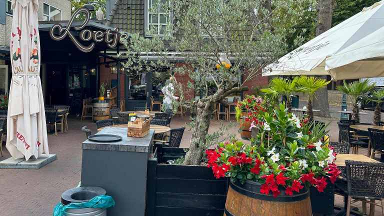 Terras van een restaurant met de naam "Loetje", omgeven door tafels, stoelen, houten wijnvaten met kleurrijke bloemen en een olijfboom. Er zijn ook grote parasols zichtbaar.