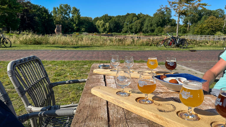 Buitentafereel met een houten tafel waarop een plank met meerdere proefglazen bier staat en een bord met snacks, omringd door groen gras en bomen op een zonnige dag.