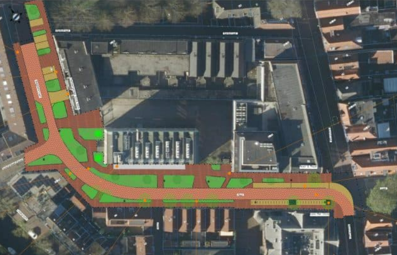 Luchtfoto van een stedelijk gebied met straten en gebouwen, waarop een geplande infrastructuur met groenstroken, trottoirs en rijstroken zichtbaar is.